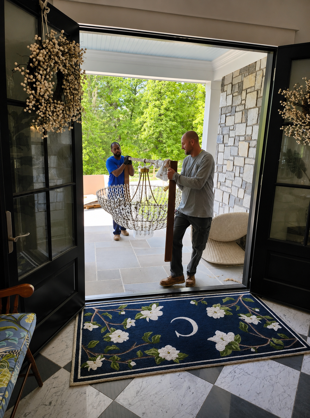 Hartman Electric crew carrying a chandelier through the front entrance of a residential home