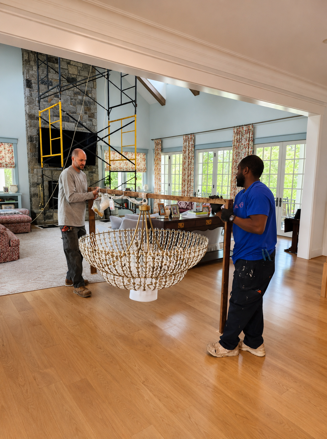 Hartman Electric crew handling a large chandelier inside a residential great room with scaffolding