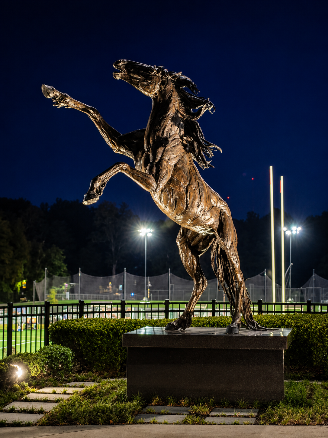 Illuminated bronze horse sculpture at night with field lighting in background at Stevenson University Ravens training camp
