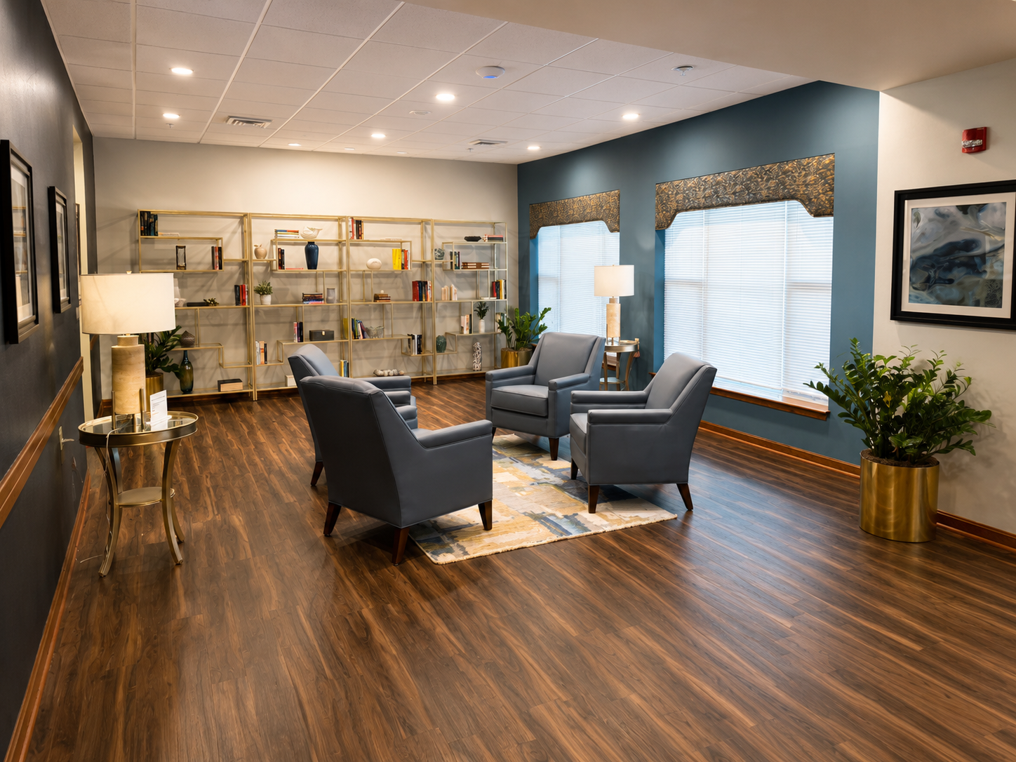 Weinberg House lounge area with modern lighting and seating